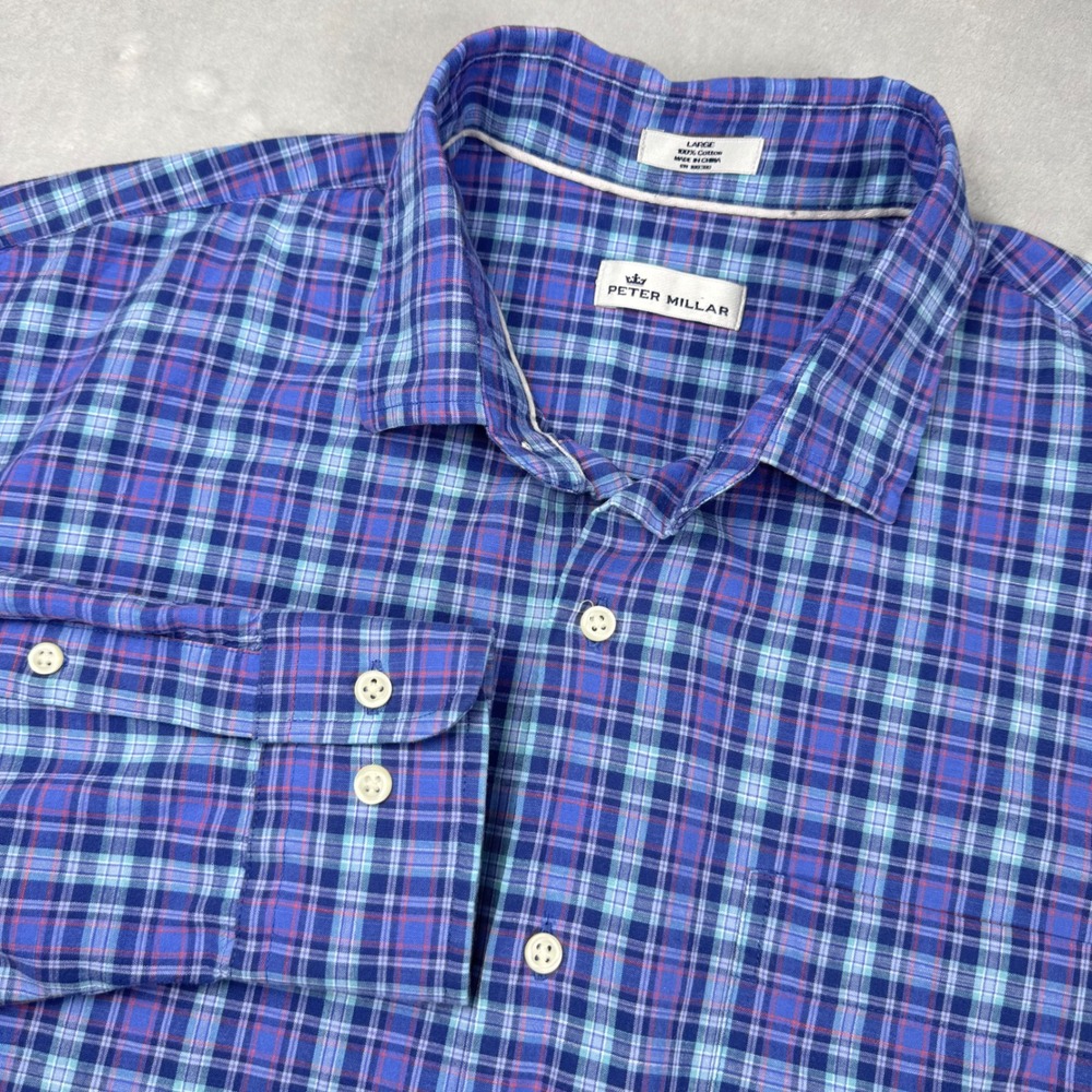 Peter Millar Button Up Shirt Mens Size Large Blue Plaid Long Sleeve